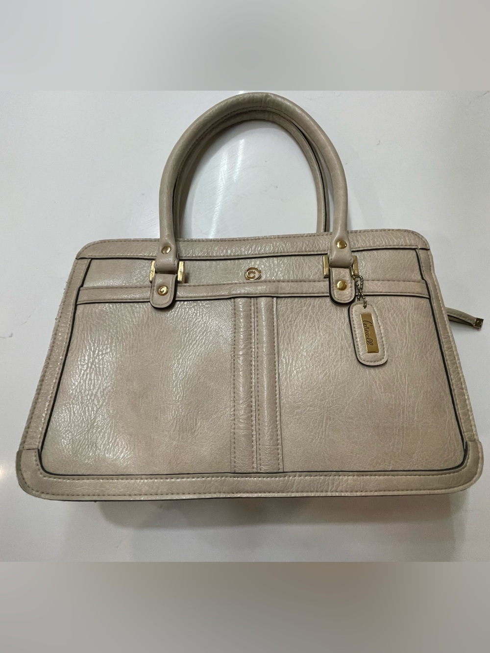 Vintage Cornell Taupe Leather Satchel with Gold Hardware